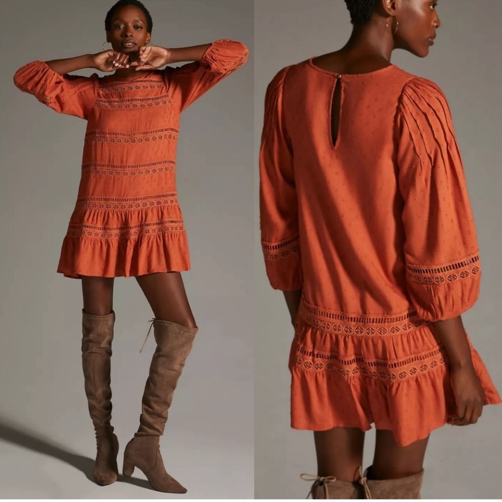 Anthropologie Puff Sleeve Tiered Swiss Dot Mini Dress XS Orange Cottagecore